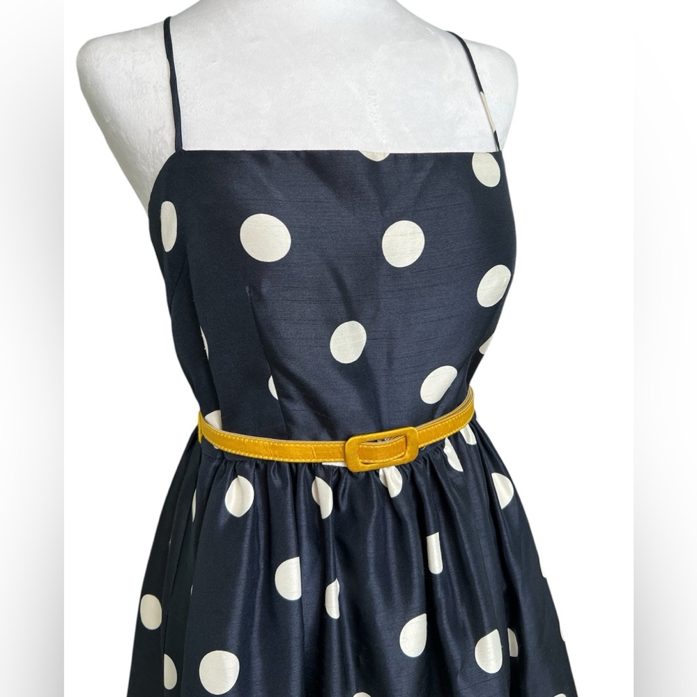 Eliza J Navy Polka Dot Dress with Yellow Belt, Size 6 - Picture 2 of 7